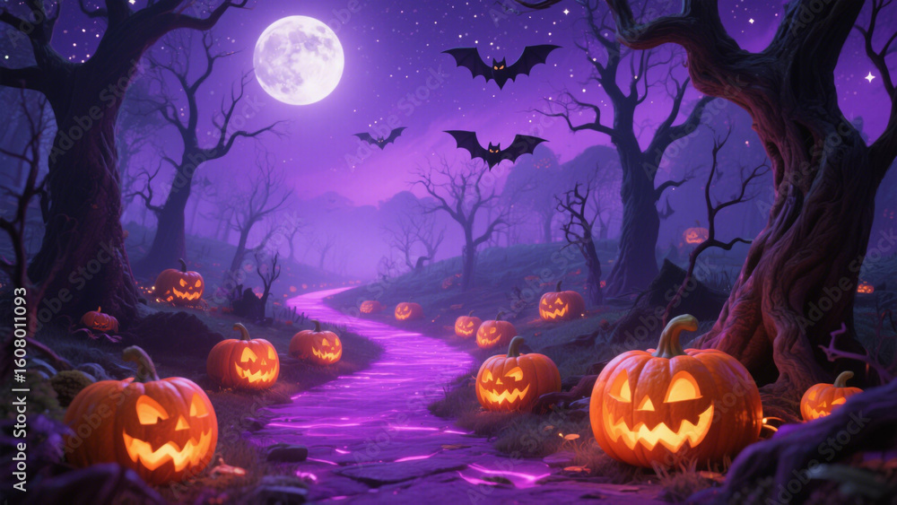 A whimsical Halloween scene with a glowing purple pathway winding through a mystical forest. Halloween, Halloween Costumes, Halloween Background, Happy Halloween A whimsical Halloween scene with a glowing purple pathway winding through a mystical forest. Halloween, Halloween Costumes, Halloween Background, Happy Halloween
