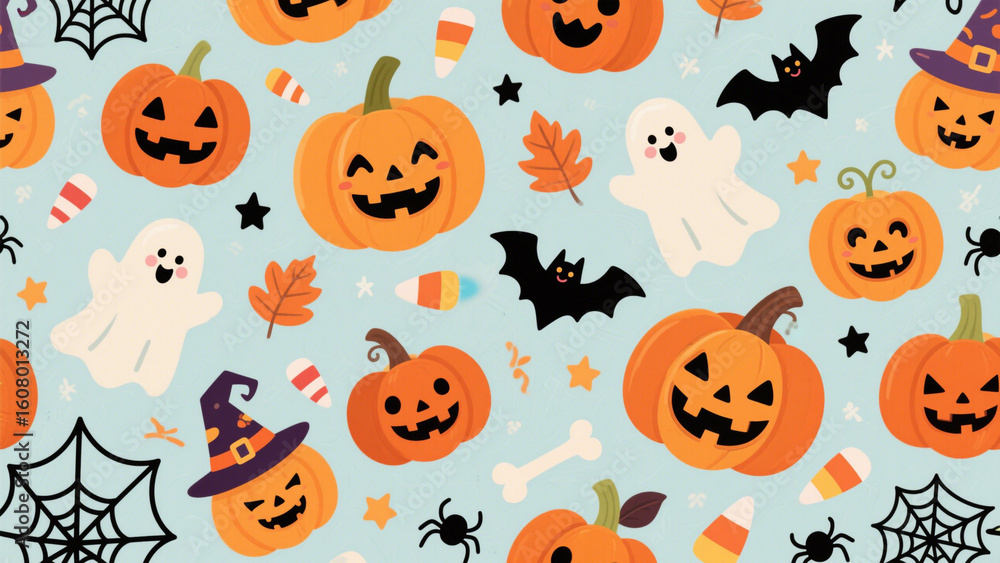 Naklejka premium A whimsical and festive Halloween-themed pattern featuring a playful mix of spooky elements on a light, textured background. Halloween Costumes, Halloween Background, Happy Halloween