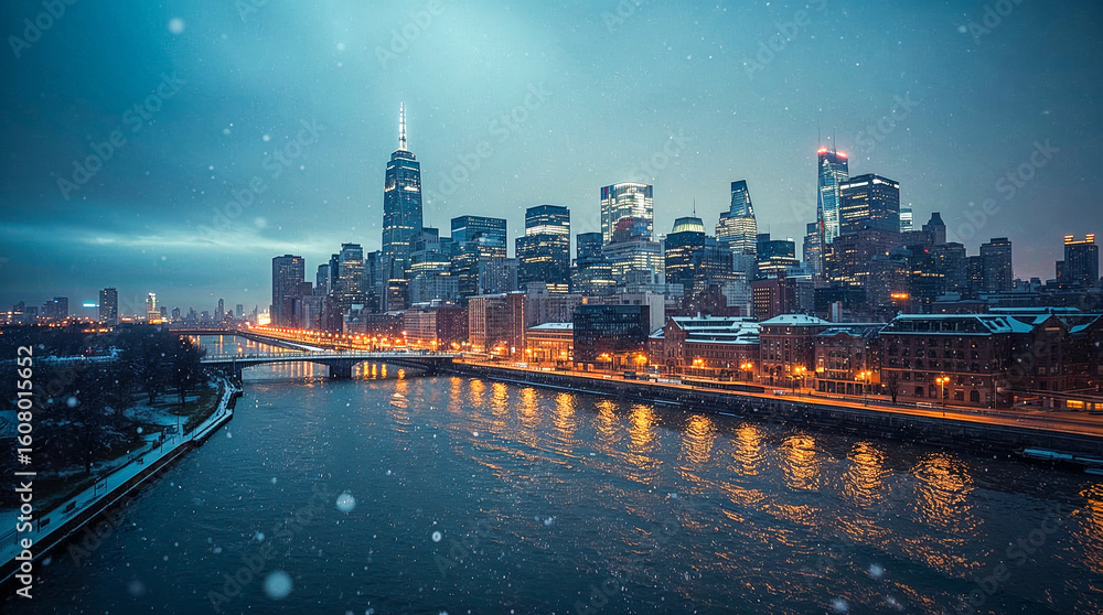 Obraz premium A stunning winter cityscape at dusk, with snow falling gently on a river reflecting the warm glow of city lights and towering skyscrapers.