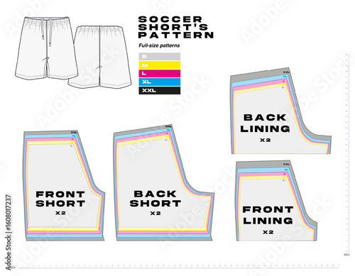 Technical flat of soccer shorts sewing pattern with full-size templates for sportswear production. Includes front, back, and lining pieces for different sizes, ideal for fashion design and garment mak