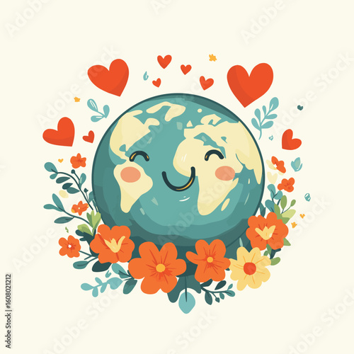 Save the planet. Environmental conservation concept. Cute smiling Earth, floating among flowers and hearts. Vector illustration