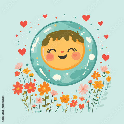 Save the planet. Environmental conservation concept. Cute smiling Earth, floating among flowers and hearts. Vector illustration