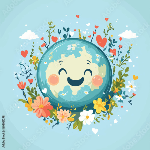 Save the planet. Environmental conservation concept. Cute smiling Earth, floating among flowers and hearts. Vector illustration