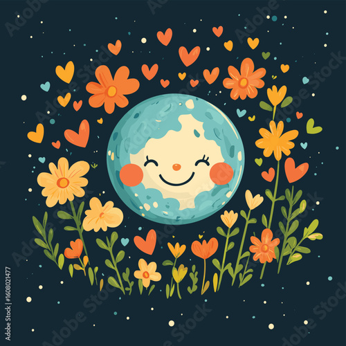 Save the planet. Environmental conservation concept. Cute smiling Earth, floating among flowers and hearts. Vector illustration