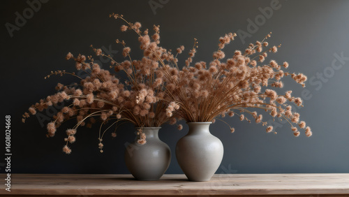 Dried flowers in ceramic vases on a wooden table, dark background