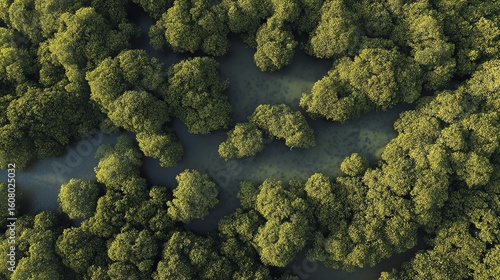 Aerial view of dense mangrove forest with winding waterways weaving through lush green foliage.