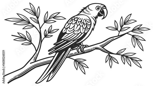 Illustration of a parrot perched on a branch with leaves in a detailed black and white drawing