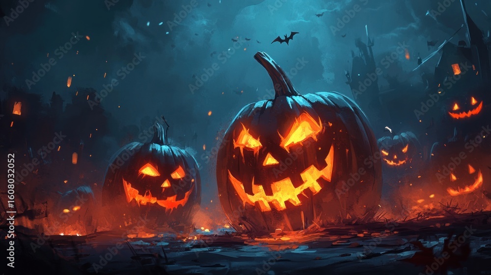 Naklejka premium eerie halloween night scene showcasing glowing jack-o'-lanterns amidst a backdrop of ghostly silhouettes and a dark misty sky casting a spooky and festive ambiance perfect for the haunting season