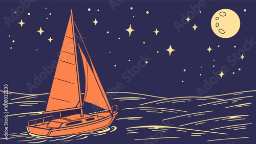 Sailboat sailing at night under the moonlight and starry sky