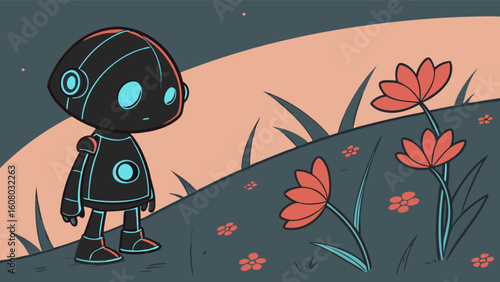 Cute robot in flower field cartoon illustration vector art