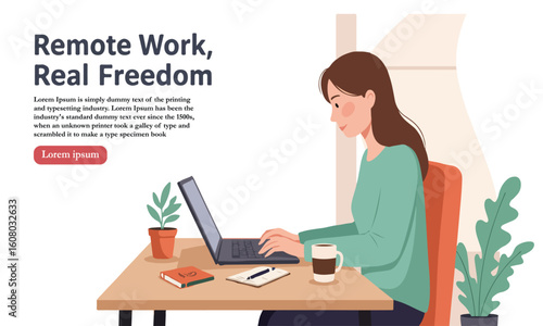 Flat Illustration Of A Woman At A Desk With Coffee And Laptop, Suitable For Blogs, Websites, Or Marketing For Remote Workers
