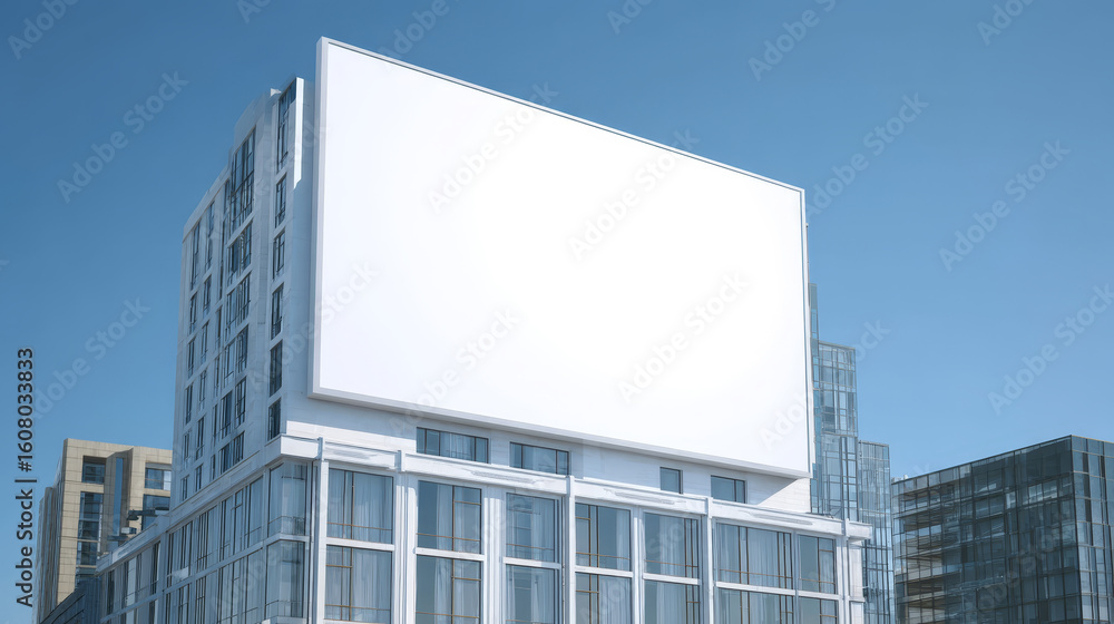 A large blank billboard on a modern building against a clear blue sky. The structure features glass windows and a contemporary design, ideal for advertising copy space. mock up A large blank billboard on a modern building against a clear blue sky. The structure features glass windows and a contemporary design, ideal for advertising copy space. mock up