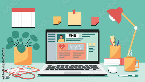 Electronic health record displayed on laptop screen with medical equipment in a clinical workspace environment, vector flat illustration