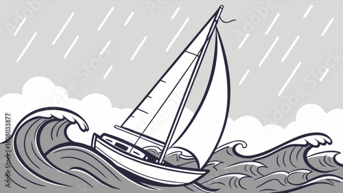 Sailboat sailing in stormy weather with rain and large waves art