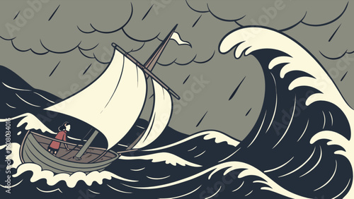 Boat sailing in storm illustration turbulent sea adventure