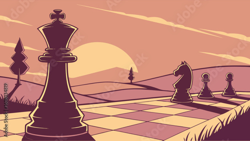 Sunset chess game landscape with king knight and pawns art piece