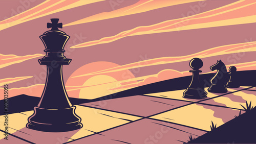Chess game strategy board with king piece at sunset landscape