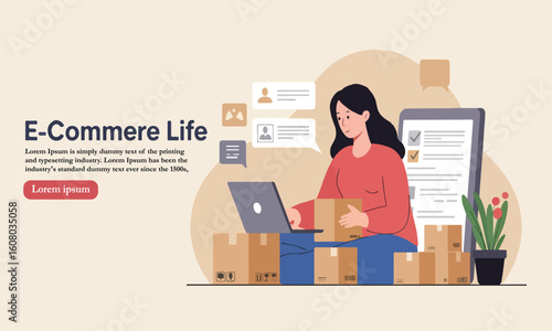 Flat Illustration Of A Woman Managing E-Commerce Orders On Laptop With Boxes, Ideal For Online Store Marketing And Product Delivery