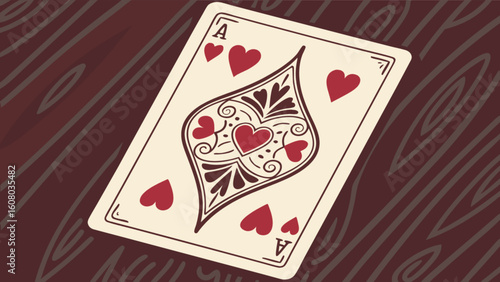 Ace of hearts playing card illustration on wooden background
