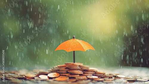 Wallpaper Mural Small orange umbrella atop a stack of coins in a rain shower Torontodigital.ca