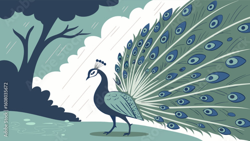 Peacock illustration in rainy weather nature scene vector art