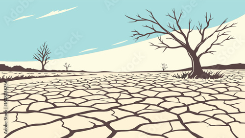 Dry cracked earth landscape with barren trees and blue sky art