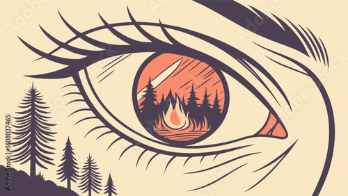 Eye illustration with burning forest fire inside the pupil