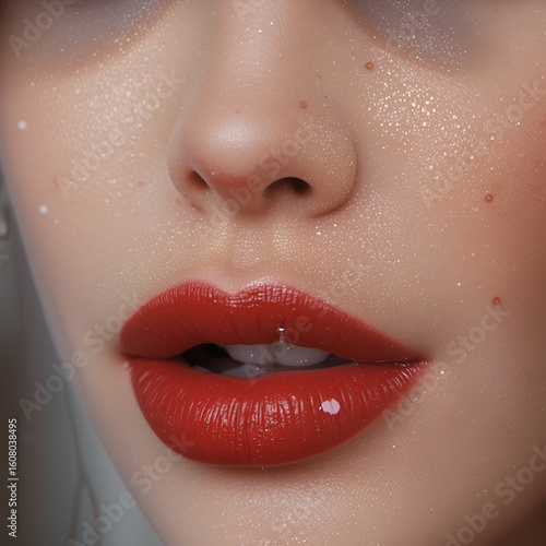 Close-up of a woman's face with bold red lips, exuding confidence and elegance.