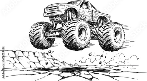 Black and white monster truck illustration showcasing extreme off-road capability