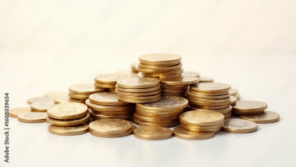 Golden coins stacked on a white surface, financial investment Golden coins stacked on a white surface, financial investment
