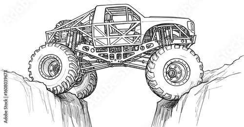 Detailed Black and White Illustration of a Monster Truck Off-Road Adventure