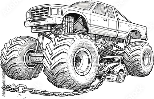 Detailed Ink Drawing of a Monster Truck Crushing a Car with a Heavy Chain