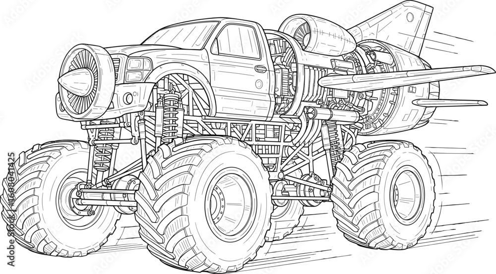Fototapeta premium Detailed line art illustration of a monster truck with airplane engine features