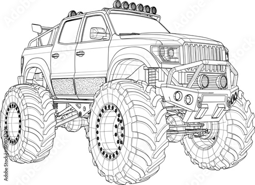 Detailed line drawing of a monster truck with oversized tires and rugged features