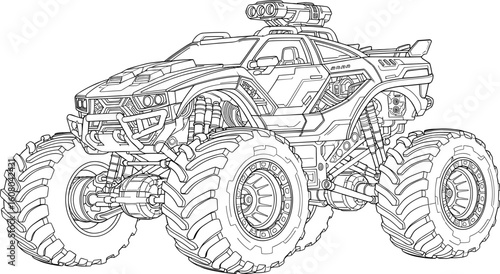 Detailed line drawing of a powerful monster truck, perfect for coloring books