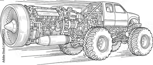 Intricate line art rendering of a jet-powered monster truck hurtling forward