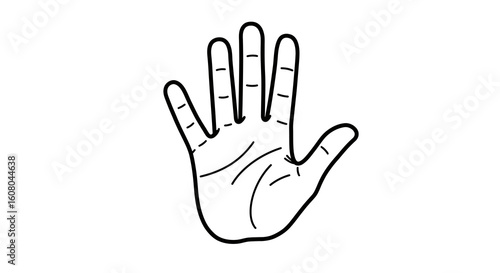 Minimalist black line art of a cartoon hand with an open palm and spread fingers, showing palm lines.