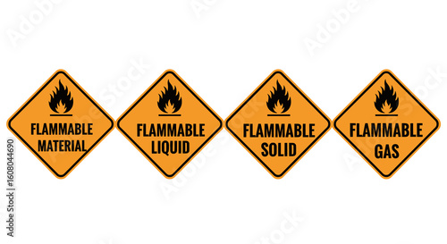 Set of four orange diamond-shaped flammable warning signs for material, liquid, solid, and gas.