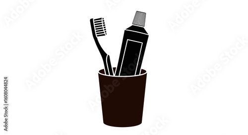 Toothbrush and Toothpaste in Cup, Black Silhouette, Dental Hygiene
