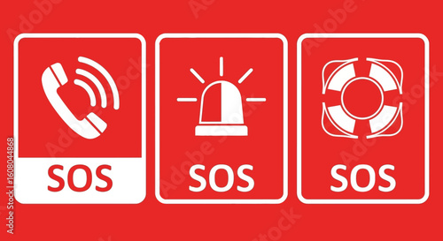 Three white SOS icons: phone, siren, and lifebuoy on red background