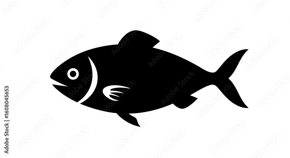 Obraz premium Stylized Black Silhouette of a Fish with Distinctive Fins and Eye