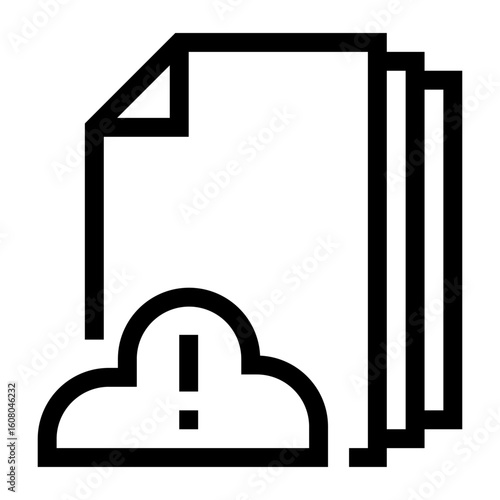 Icono de alerta en la nube de almacenamiento. Varias hojas de documento junto a una nube de almacenamiento con símbolo de alerta. Advertencia o  problema en archivos. Ilustración vectorial 