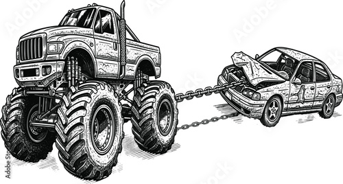 Line art illustration depicting a monster truck towing a damaged sedan with chains