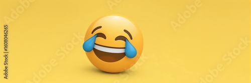 3D rendering of a yellow laughing emoji with tears of joy on a vibrant yellow background