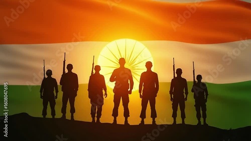Silhouetted Indian Soldiers Against Tricolor Backdrop – Independence Day Symbolism