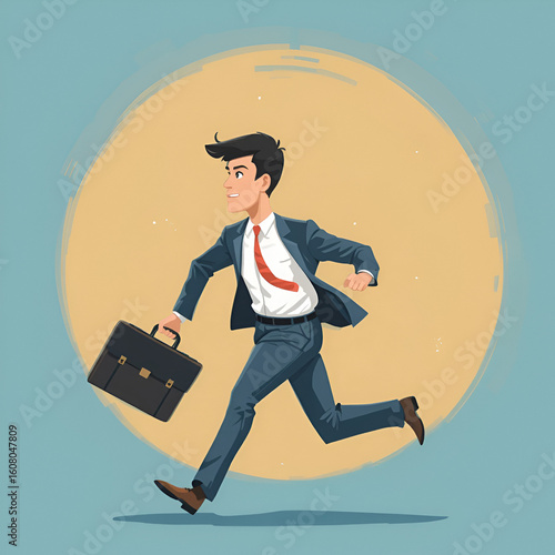 A businessman runs with a suitcase in his hand. A young man is late for a meeting. The concept of breaking deadlines in a flat style. Stock vector illustration.