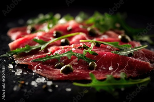 Close-up of thinly sliced beef carpaccio with arugula and capers on a dark stone surface