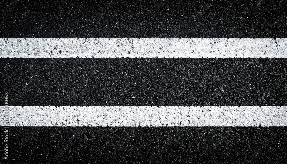 Fototapeta premium High-Angle View of Asphalt Road Surface with Two Parallel White Lines, Street Photography: Abstract Image of Road Marking on Dark Asphalt