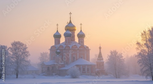 A picturesque winter scene of an Eastern European church
