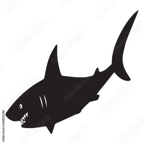 A black shark silhouette is isolated on white background, showcasing its sharp teeth and predatory nature in a simple graphic design